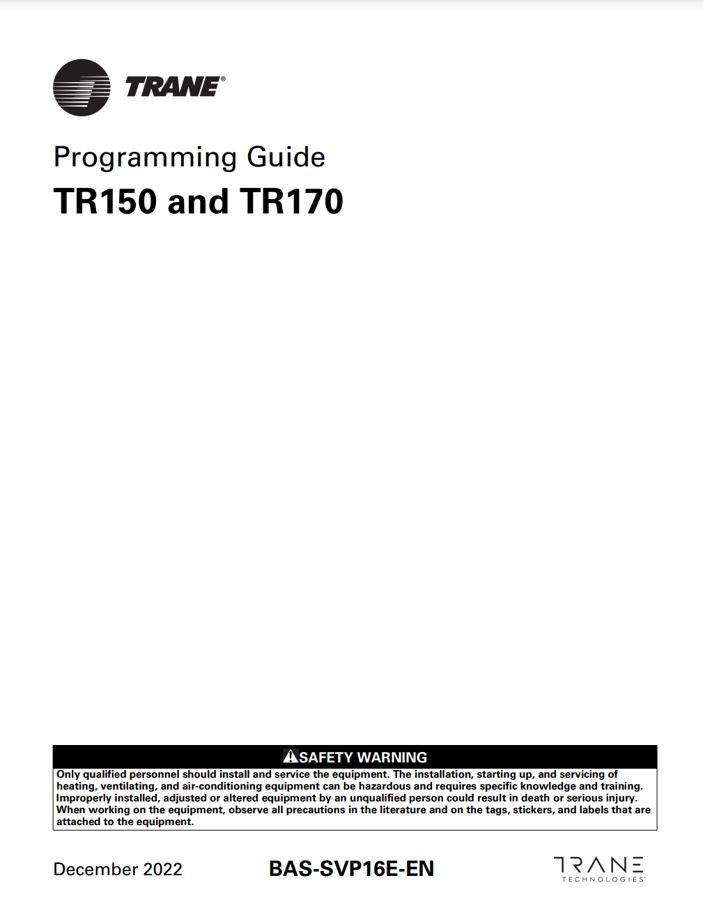 Trane TR150 Indoor Supply Fan VFD How to Initialize the VFD to the
