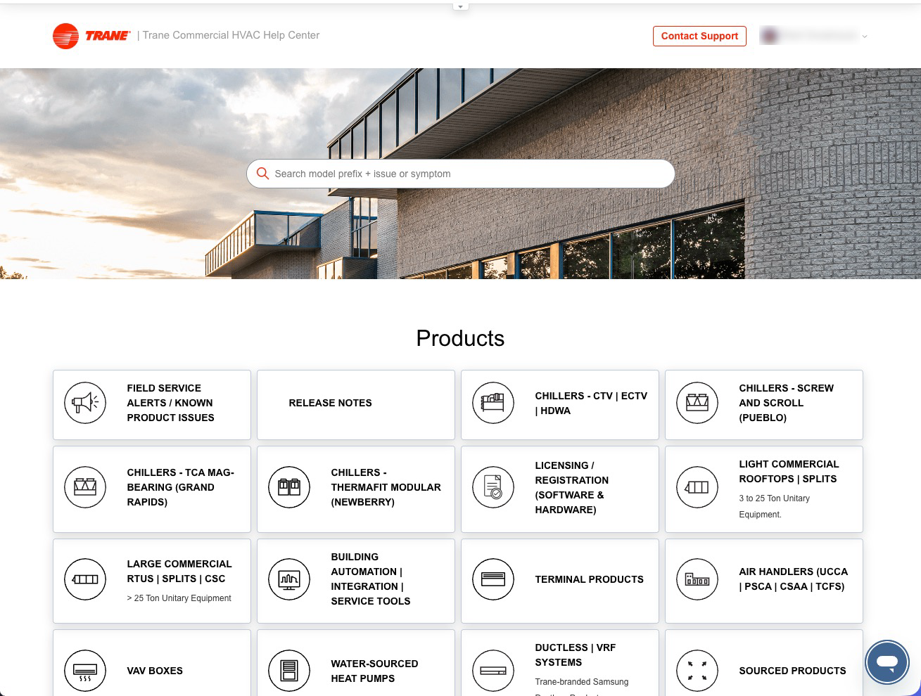 old version of the homepage on desktop version of the Trane CHVAC Help Center