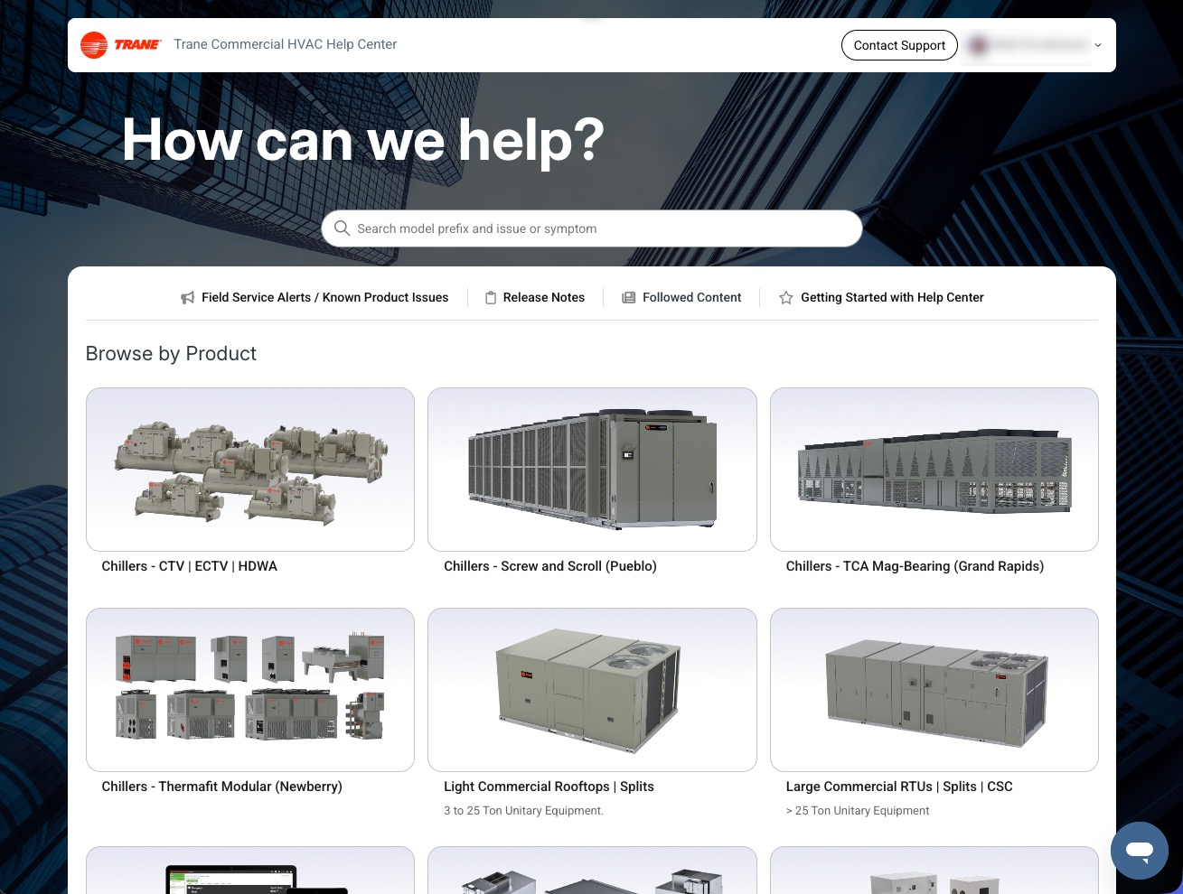 new version of the homepage on desktop version of the Trane CHVAC Help Center