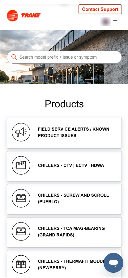 old version of the homepage on desktop version of the Trane CHVAC Help Center