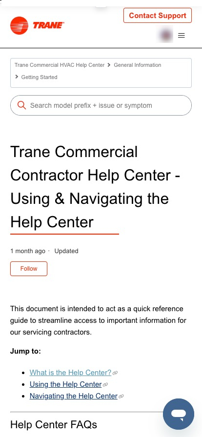 old version of an article page on desktop version of the Trane CHVAC Help Center