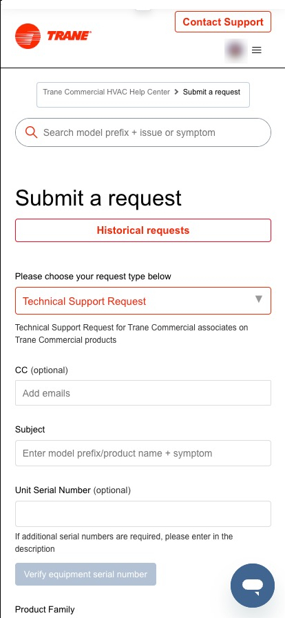 old version of a form page on desktop version of the Trane CHVAC Help Center