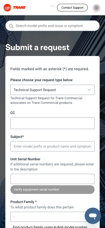 new version of a form page on desktop version of the Trane CHVAC Help Center