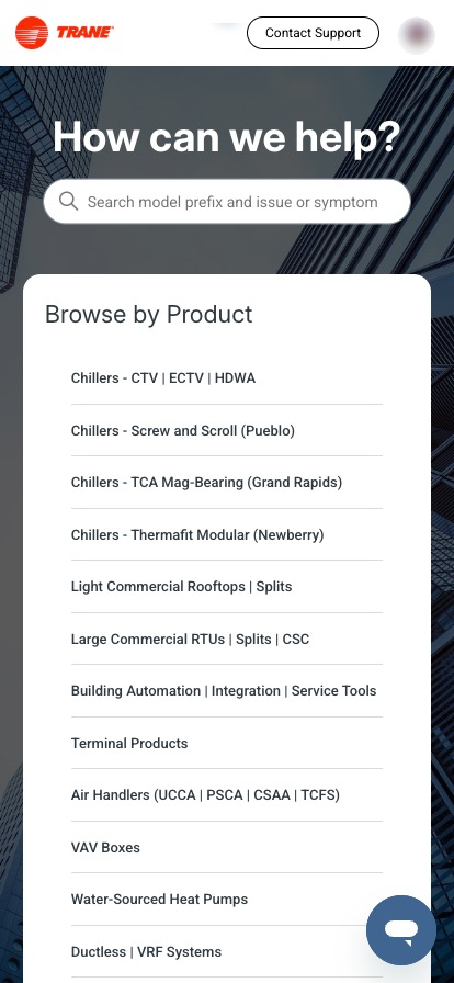 new version of the homepage on desktop version of the Trane CHVAC Help Center