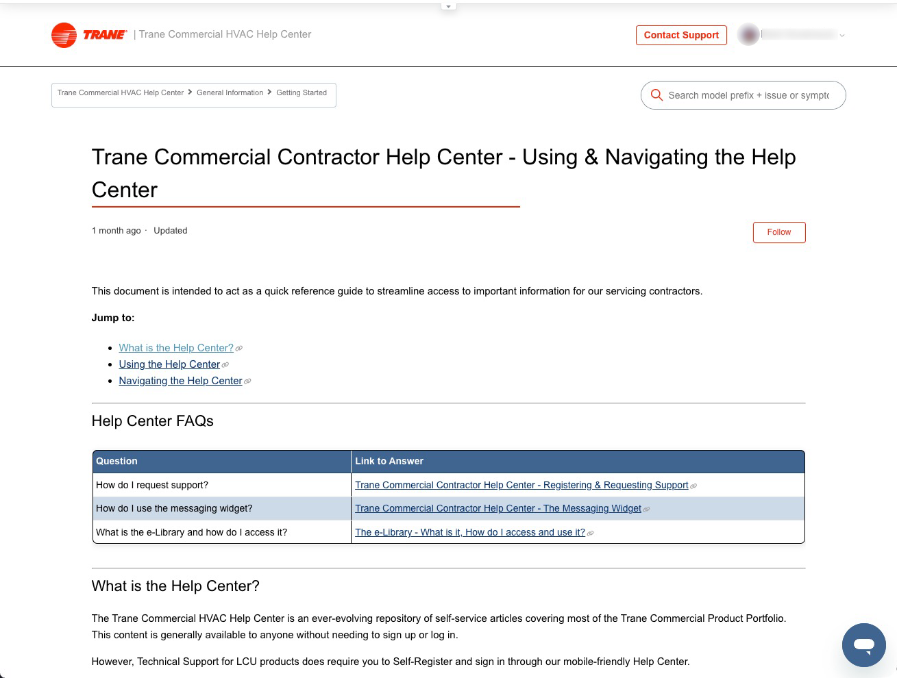 old version of an article page on desktop version of the Trane CHVAC Help Center