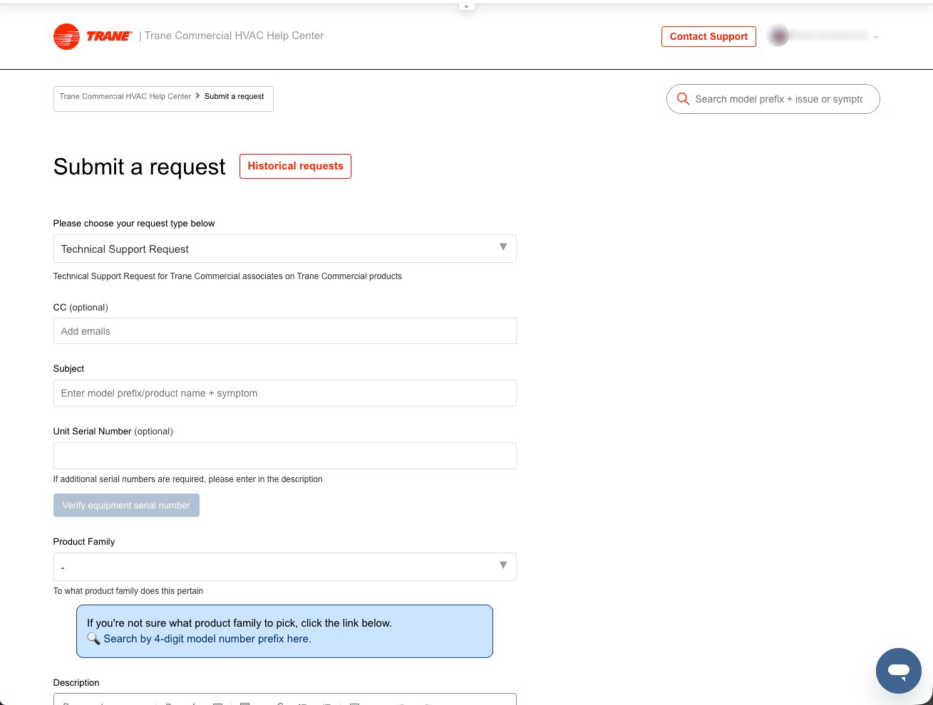 old version of a form page on desktop version of the Trane CHVAC Help Center