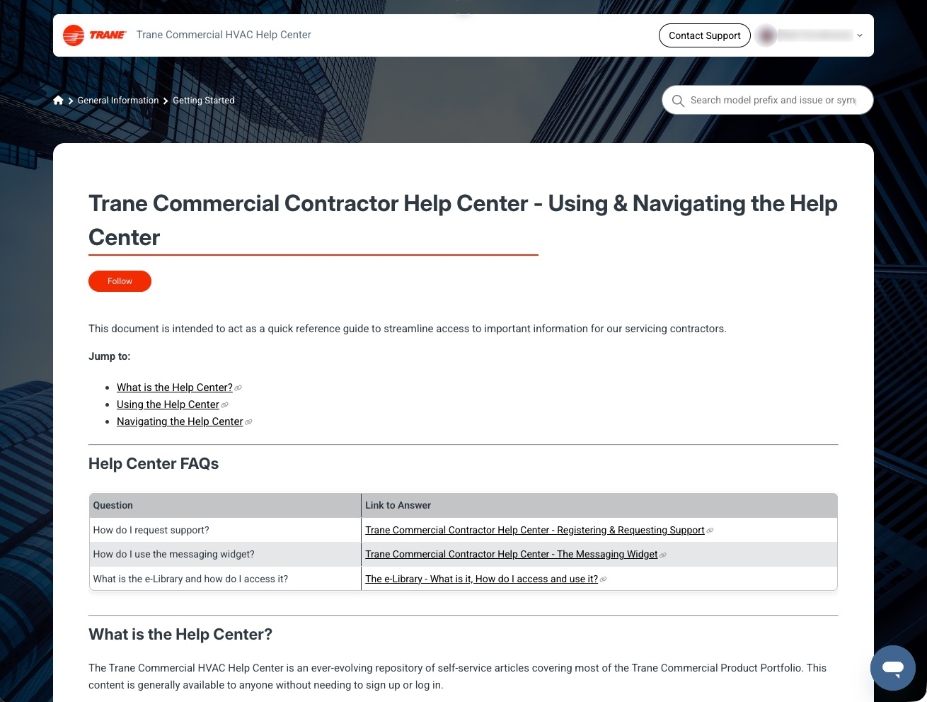 new version of an article page on desktop version of the Trane CHVAC Help Center