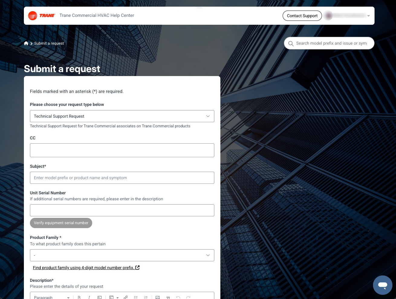 new version of a form page on desktop version of the Trane CHVAC Help Center