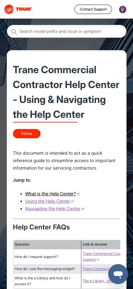 new version of an article page on desktop version of the Trane CHVAC Help Center
